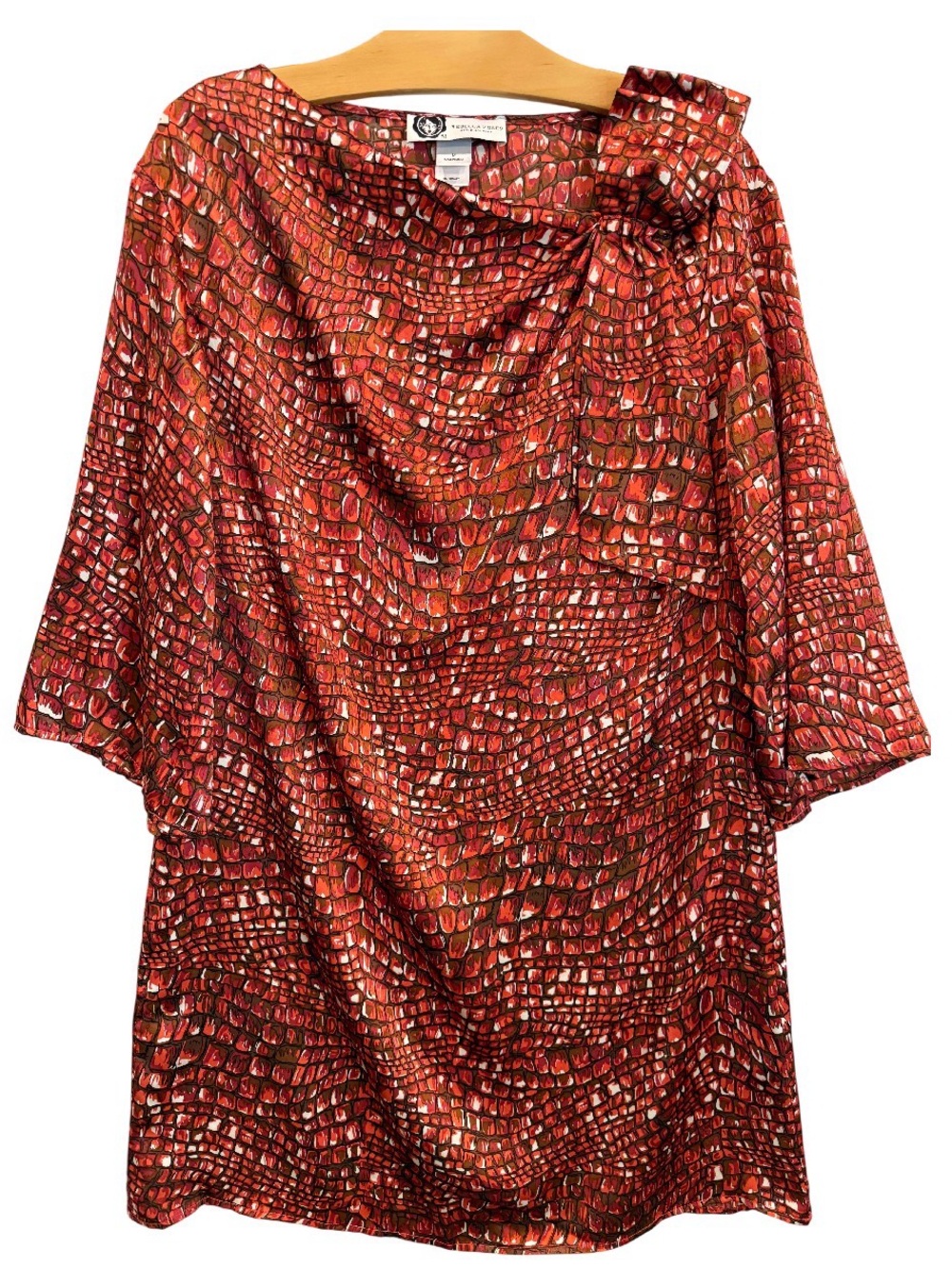 Rebecca Moses Silk Charmeuse Red and Brown Croc-Print Shift Dress Sz M Pristine